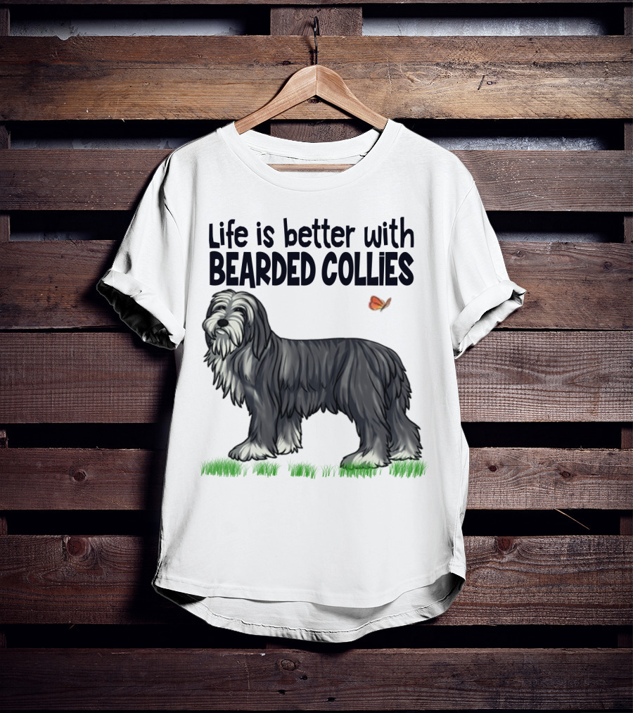 Life Is Better With Bearded Collies Illustration With Butterfly And Grass T-Shirt