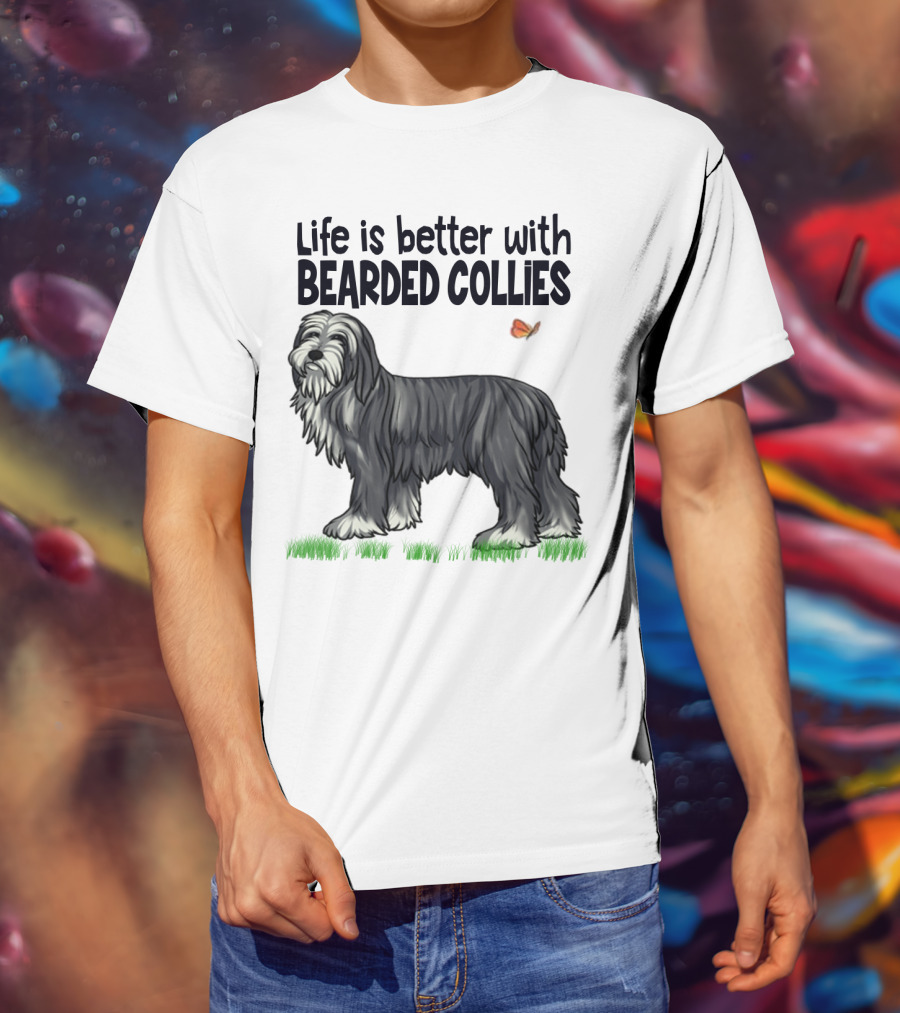 Life Is Better With Bearded Collies Illustration With Butterfly And Grass T-Shirt
