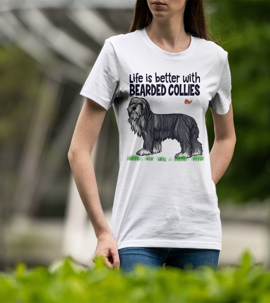 Life Is Better With Bearded Collies Illustration With Butterfly And Grass T-Shirt