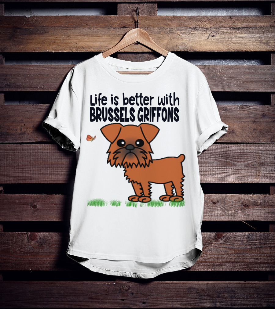 Life Is Better With Brussels Griffons Cartoon Dog And Butterfly T-Shirt