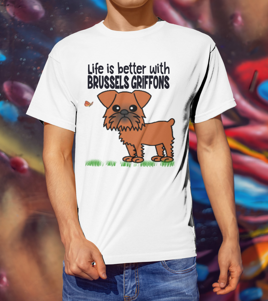 Life Is Better With Brussels Griffons Cartoon Dog And Butterfly T-Shirt