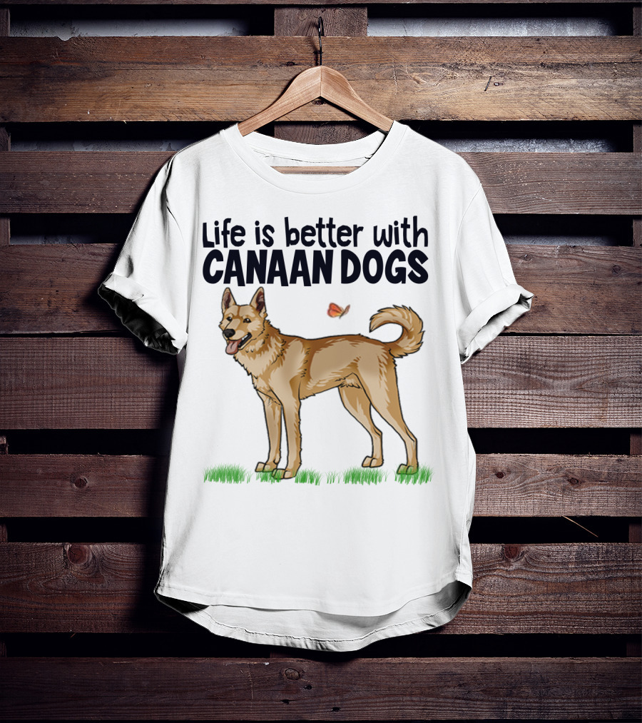 Life Is Better With Canaan Dogs Featuring Butterfly And Grass Details T-Shirt