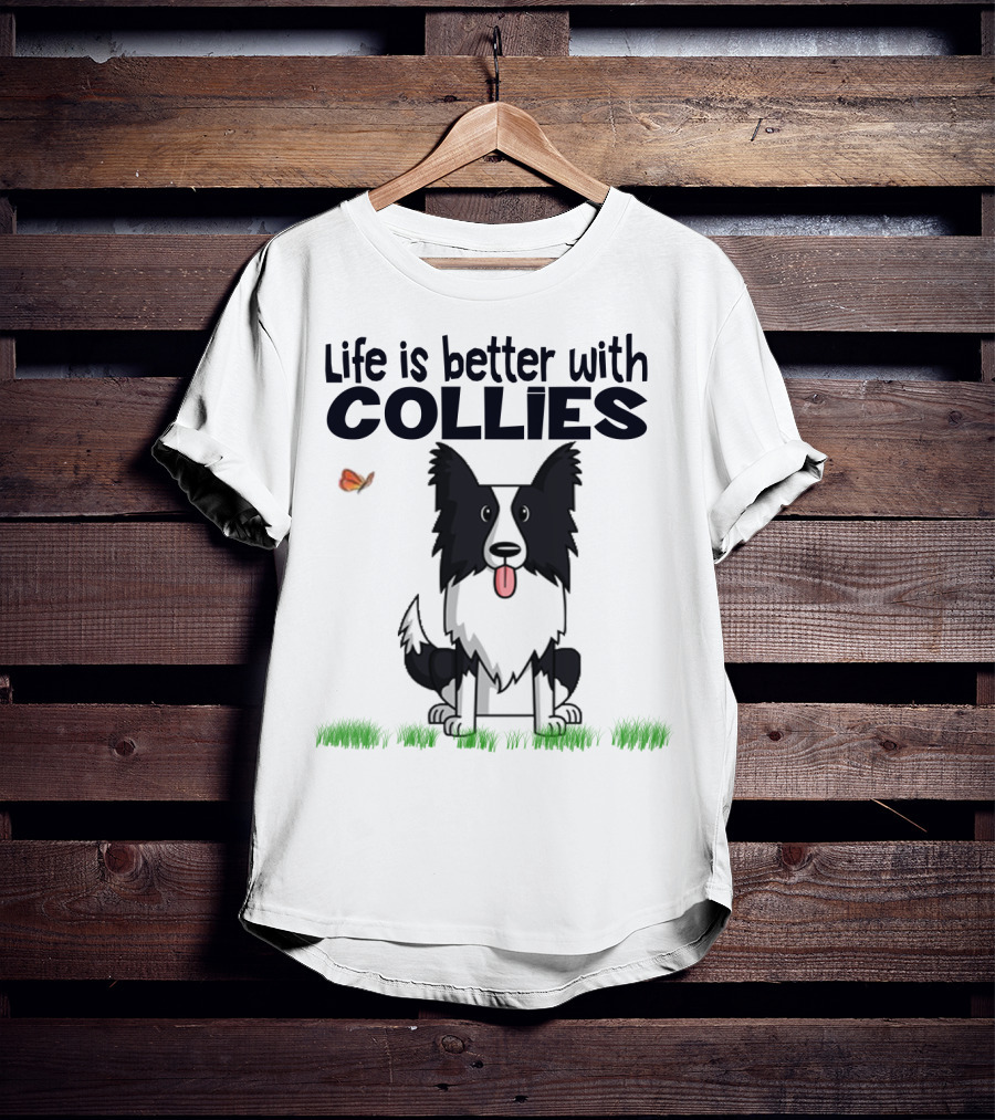 Life Is Better With Collies Cute Border Collie Illustration Butterfly And Grass T-Shirt