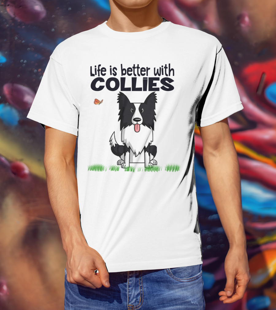 Life Is Better With Collies Cute Border Collie Illustration Butterfly And Grass T-Shirt