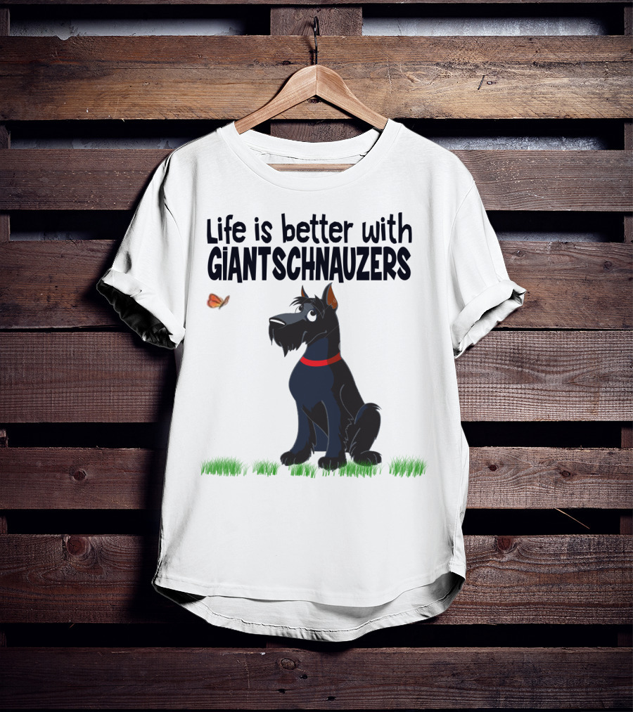 Life Is Better With Giant Schnauzers Playful Cartoon Dog And Butterfly In Grass T-Shirt
