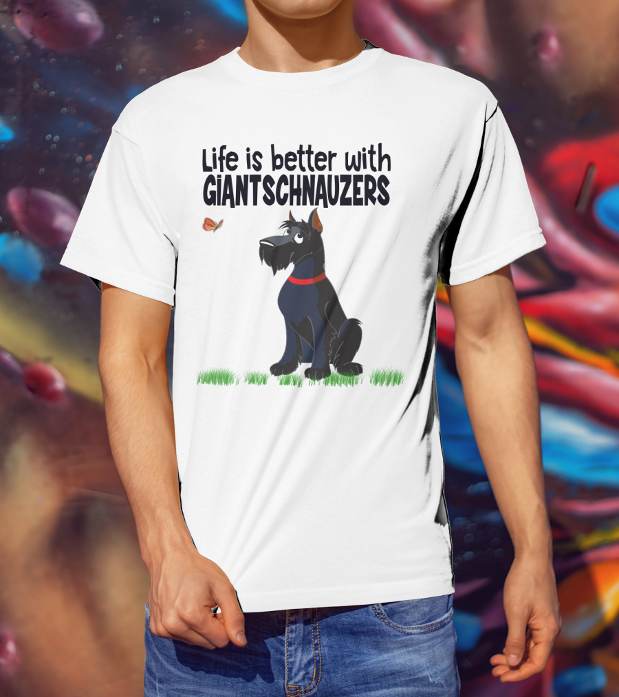 Life Is Better With Giant Schnauzers Playful Cartoon Dog And Butterfly In Grass T-Shirt