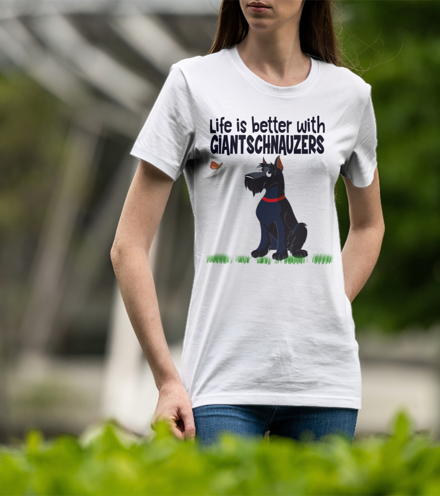 Life Is Better With Giant Schnauzers Playful Cartoon Dog And Butterfly In Grass T-Shirt