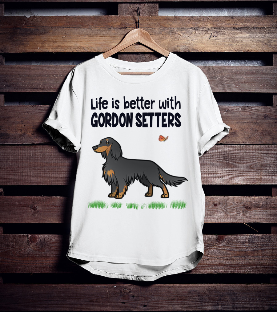 Life Is Better With Gordon Setters Charming Dog Illustration Featuring Butterfly And Grass T-Shirt