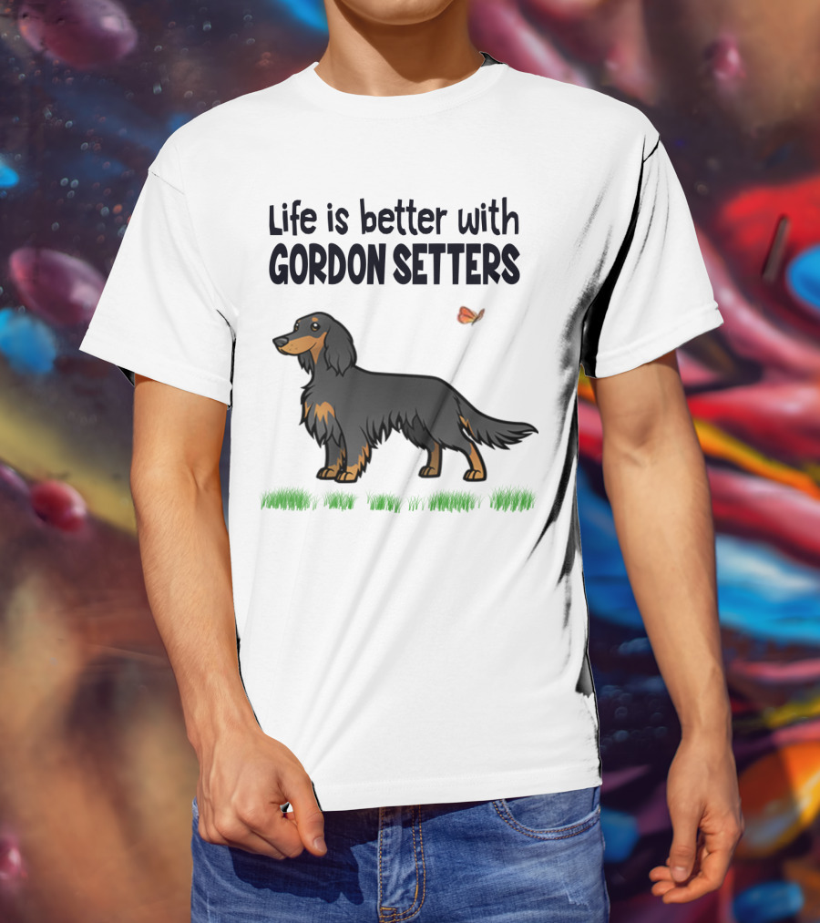 Life Is Better With Gordon Setters Charming Dog Illustration Featuring Butterfly And Grass T-Shirt