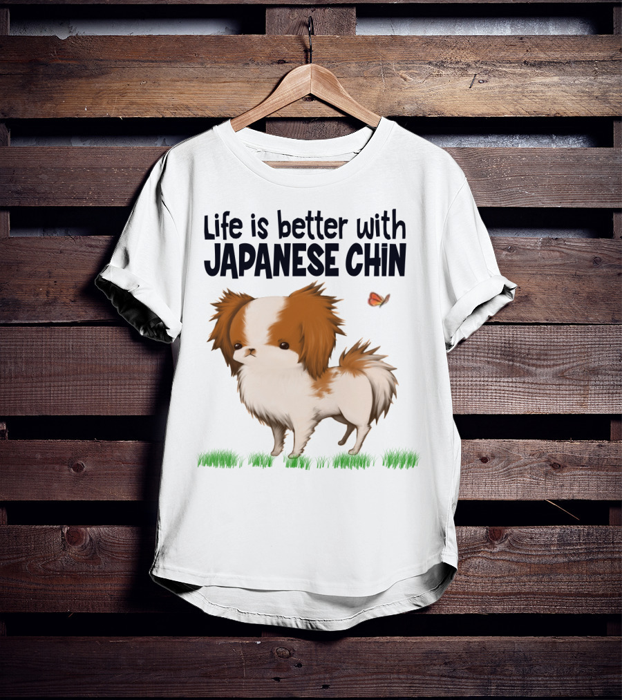 Life Is Better With My Japanese Chin Adorable Dog And Butterfly On Grass T-Shirt