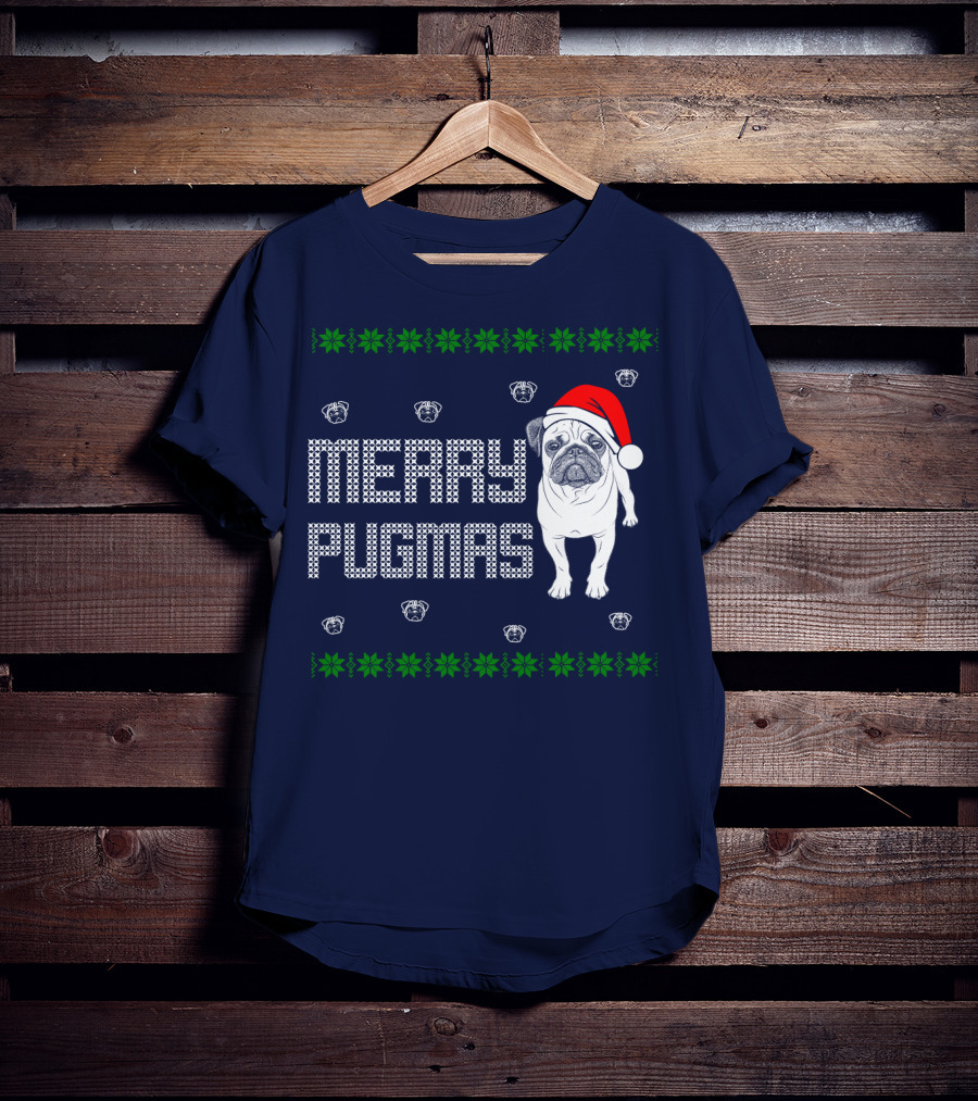 Merry Pugmas Festive Santa Hat Pug With Holiday Patterns And Green Poinsettias T-Shirt
