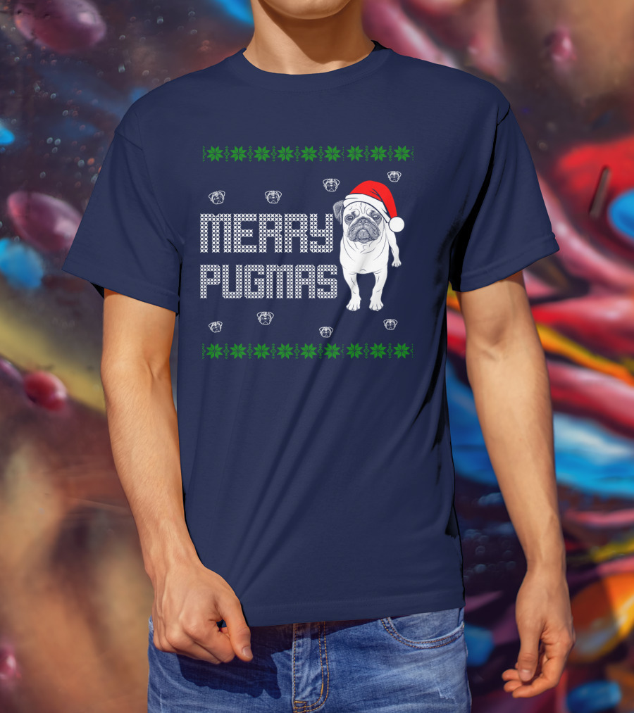 Merry Pugmas Festive Santa Hat Pug With Holiday Patterns And Green Poinsettias T-Shirt
