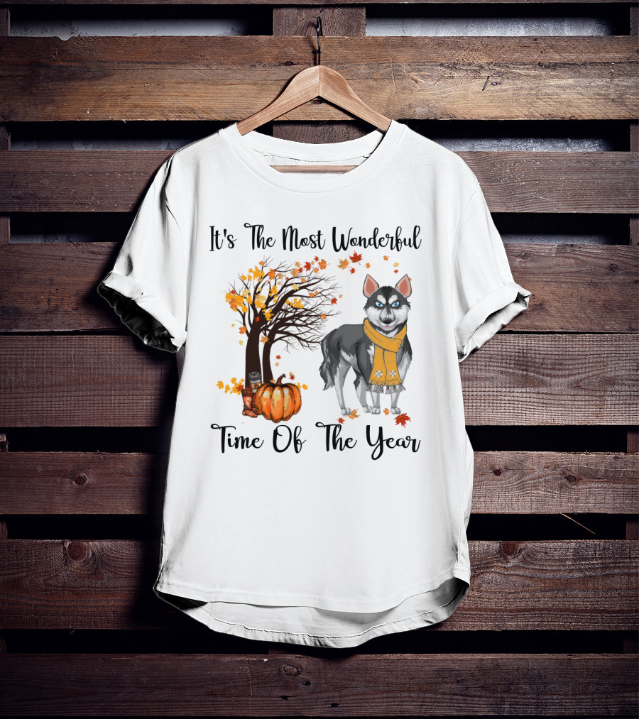 It's The Most Wonderful Time Of The Year Siberian Husky Fall Leaves Pumpkin Scarf Tree T-Shirt