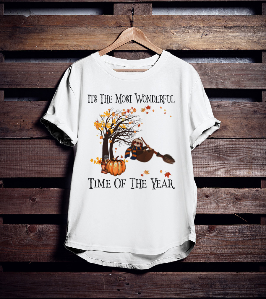 It's The Most Wonderful Time Of The Year Sloth Broom Pumpkin Autumn Leaves Tree T-Shirt