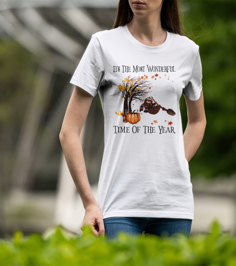 It's The Most Wonderful Time Of The Year Sloth Broom Pumpkin Autumn Leaves Tree T-Shirt