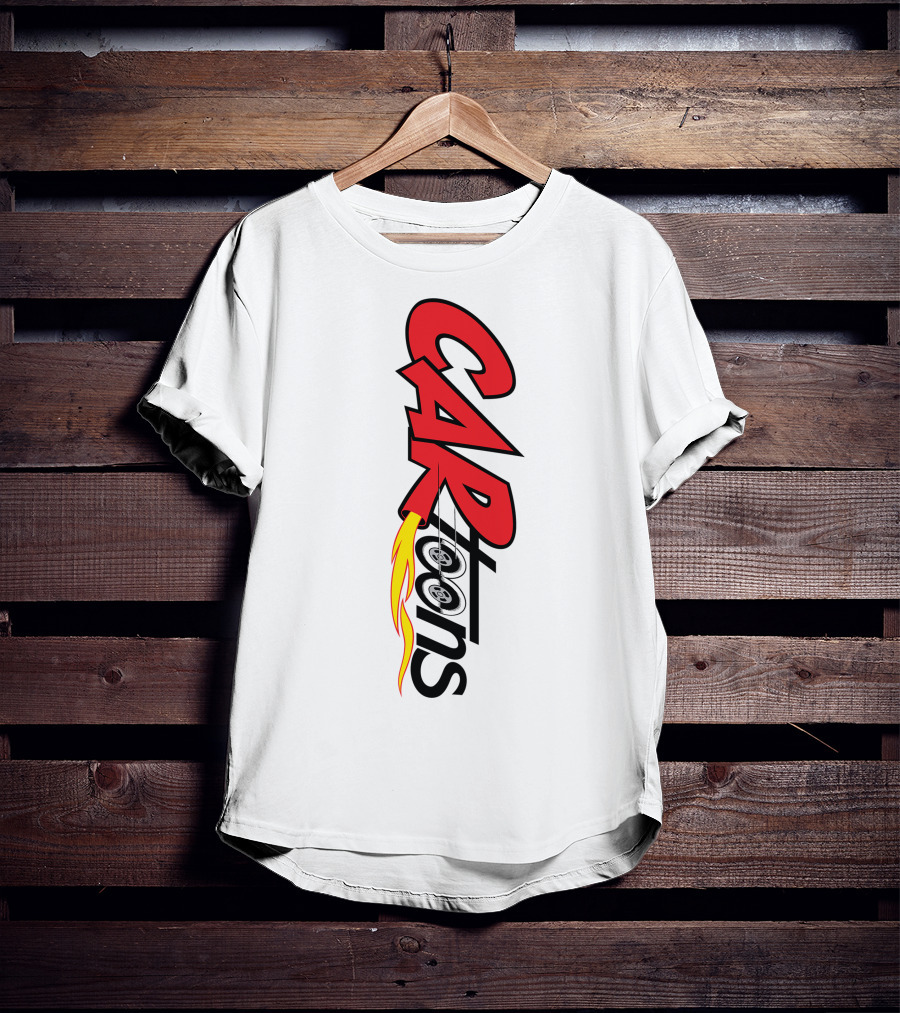 CARTOONS Red And Black Text With Flames And Wheel T-Shirt