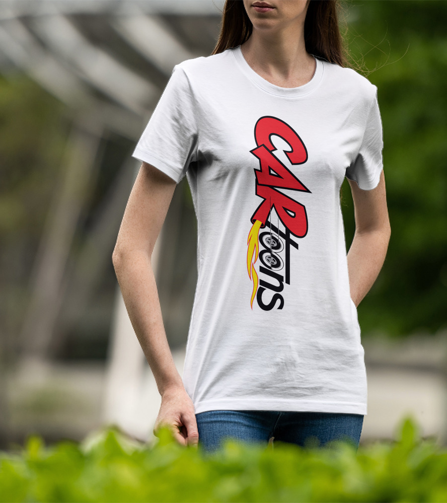 CARTOONS Red And Black Text With Flames And Wheel T-Shirt