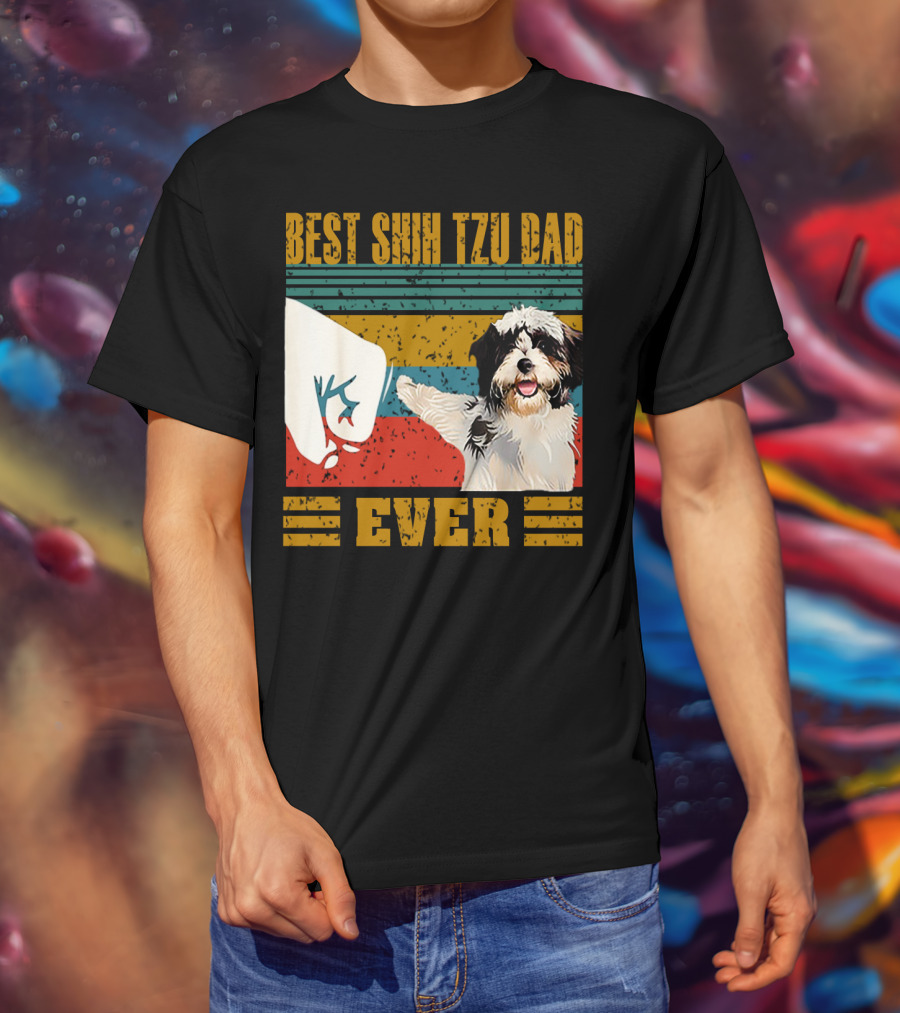 Best Shih Tzu Dad Ever Vintage Style Dog Paw Prints T-Shirt