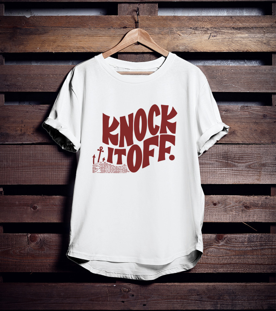 KNOCK IT OFF Lettering With Rising Arrow Figures T-Shirt