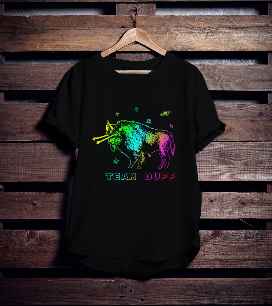 Team Duff Space Bison With Rainbow Laser Eyes And Stars T-Shirt
