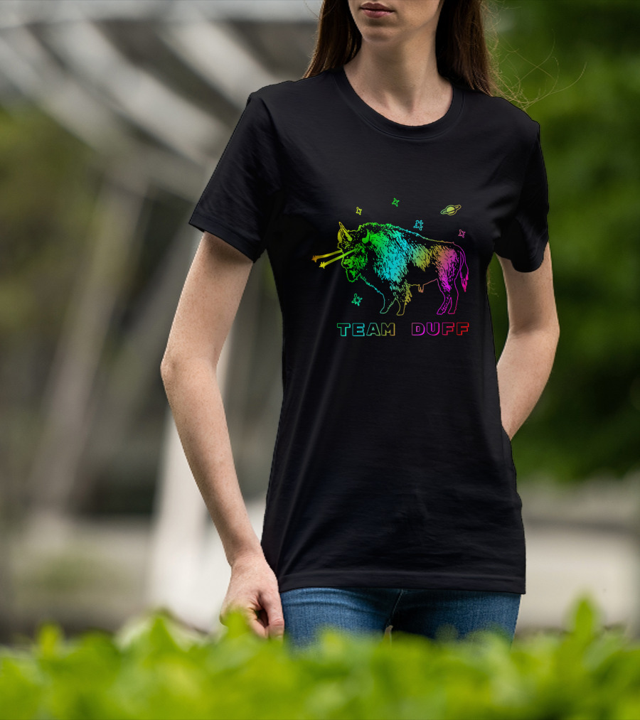 Team Duff Space Bison With Rainbow Laser Eyes And Stars T-Shirt