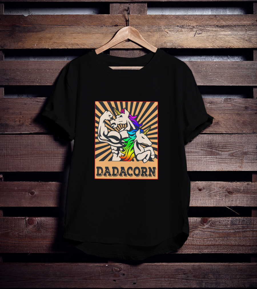 Dadacorn Muscular Rainbow Unicorn Duo With Sunburst Background T-Shirt