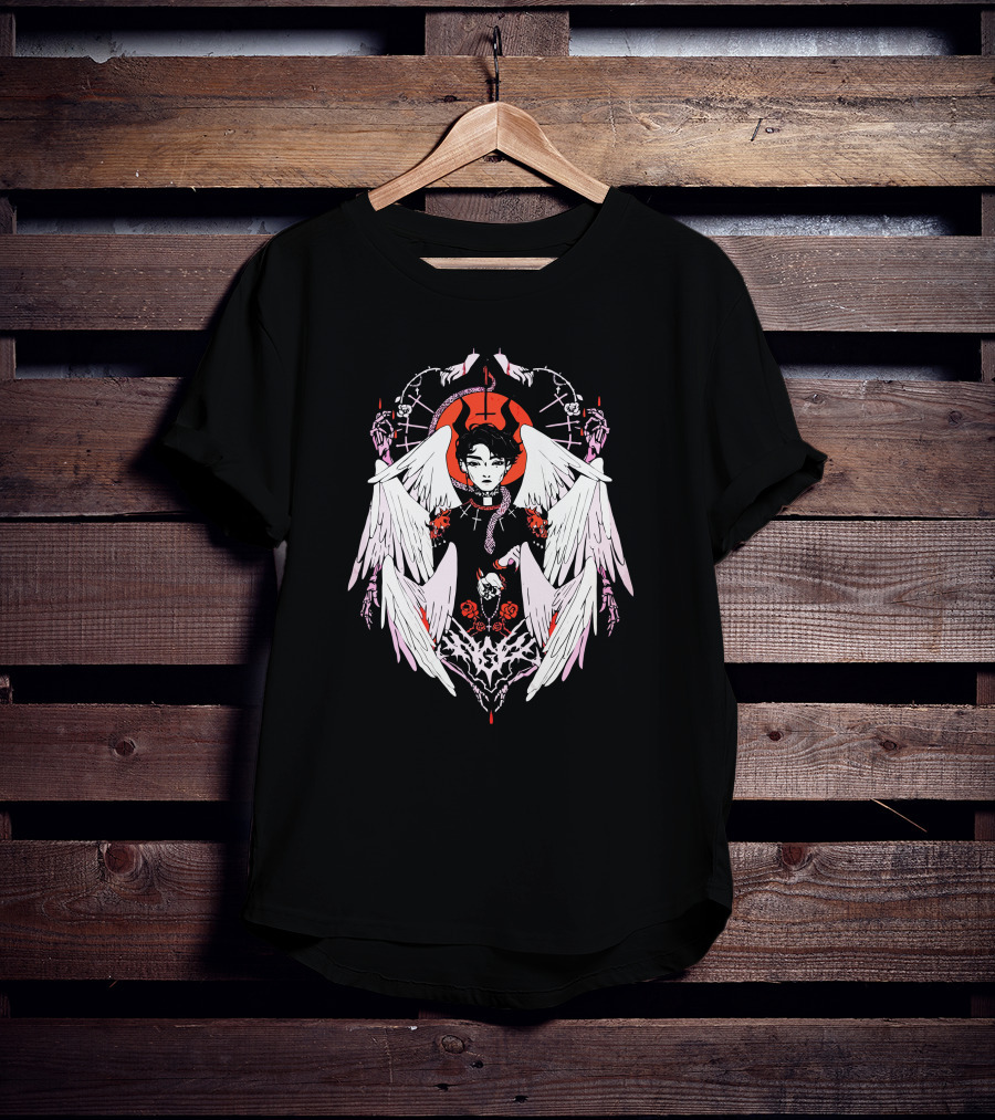 W6rst Merch Gothic Angel Wings Broken Heart Roses Snakes Clergy Collar T-Shirt