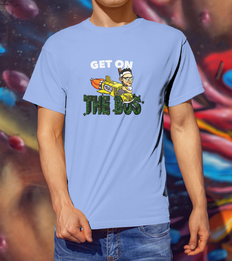 GET ON THE BUS Rocket Cartoon Character With Headband And Glasses T-Shirt