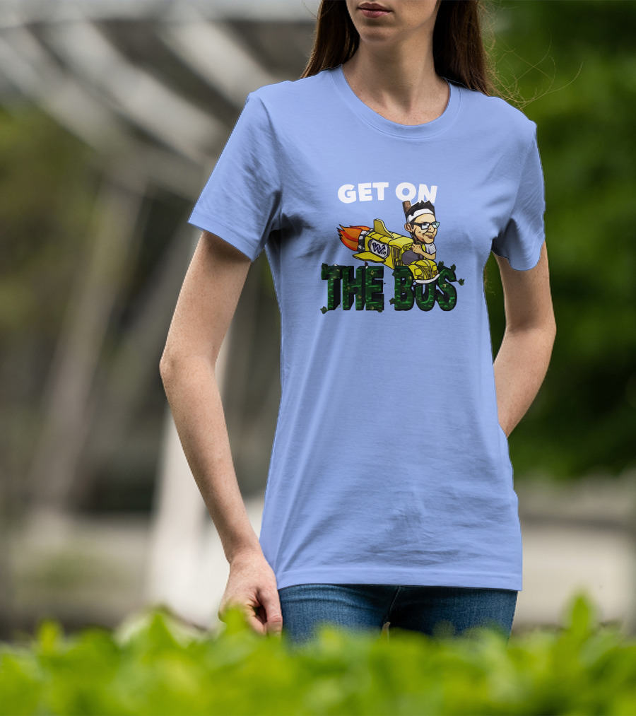 GET ON THE BUS Rocket Cartoon Character With Headband And Glasses T-Shirt