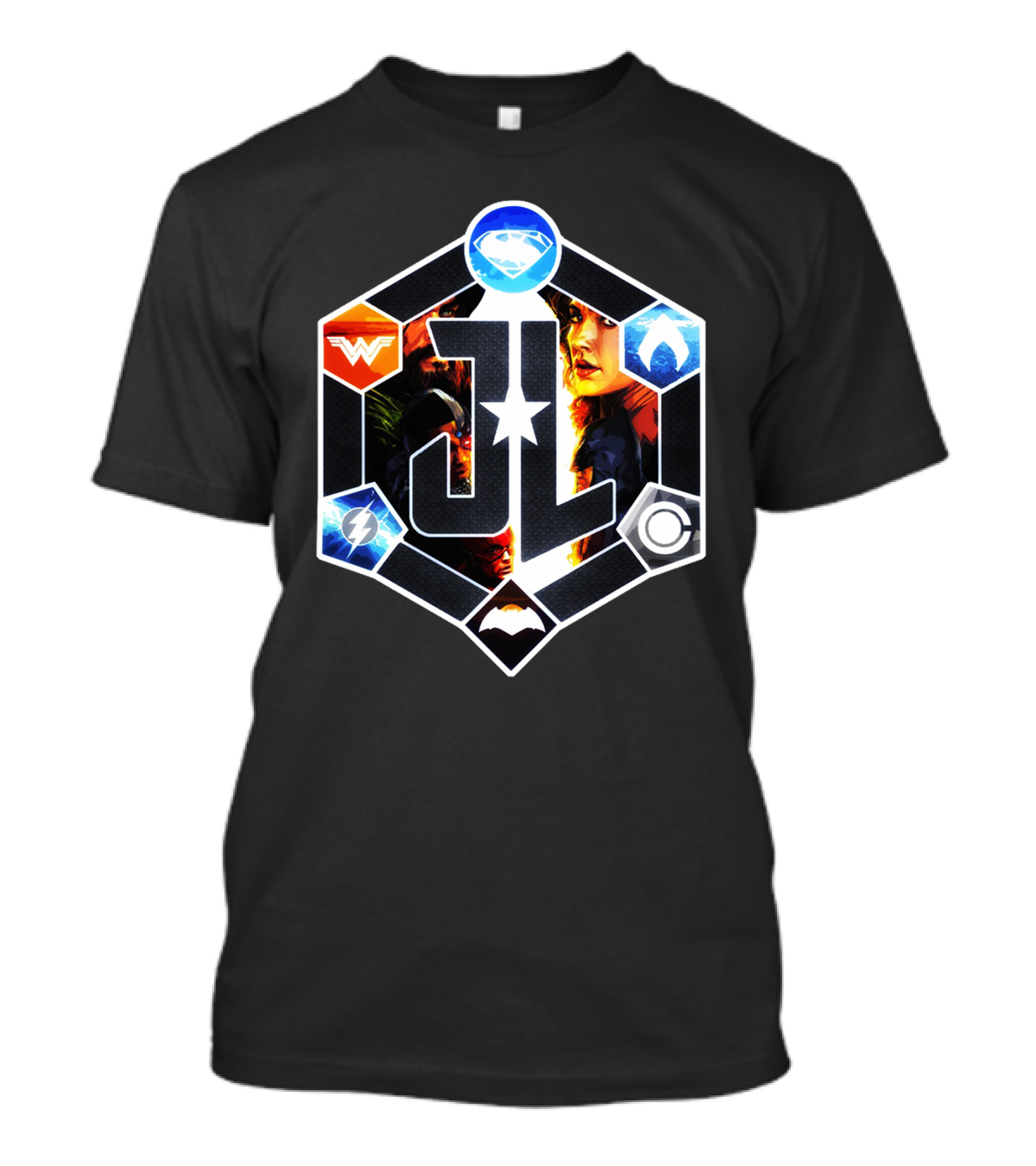 JL Justice League Superhero Symbols And Faces Collage T-Shirt
