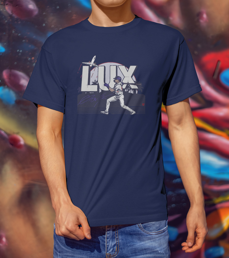 LUX Los Angeles Baseball Player With Plane And Palm Trees T-Shirt