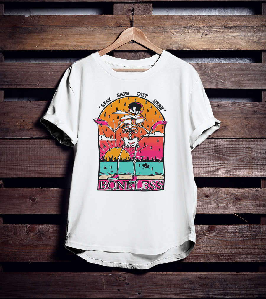 Stay Safe Out Here Boneless Sunset Skeleton Surfer T-Shirt