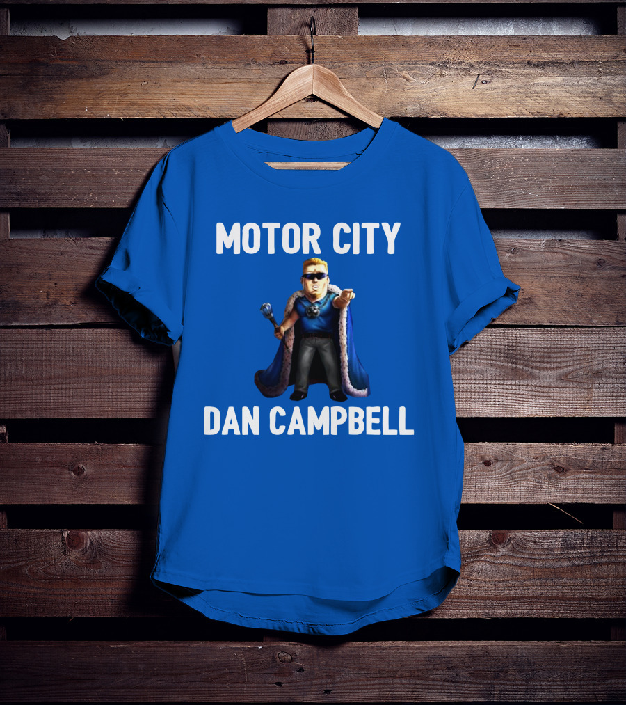 Motor City Dan Campbell Iconic Blue Cape And Scepter Character Representation T-Shirt