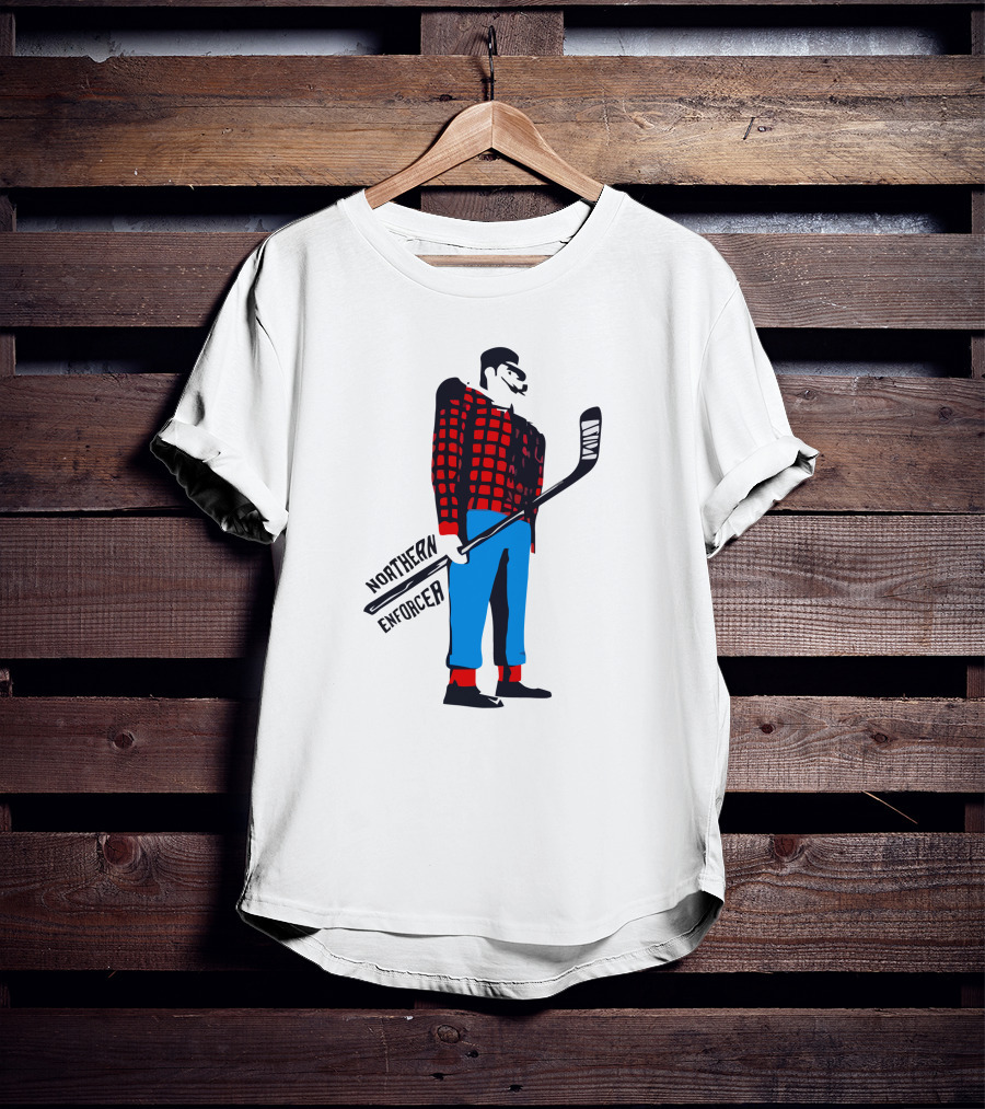 Northern Enforcer Hockey Plaid Lumberjack Player With Stick T-Shirt
