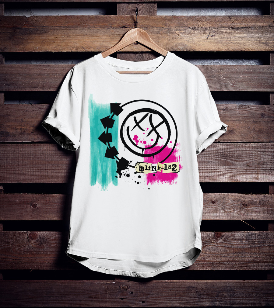 Blink 182 I Miss You Smiley Logo With Pink And Teal Paint Splatter T-Shirt