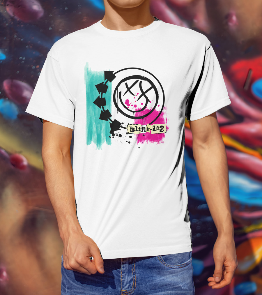 Blink 182 I Miss You Smiley Logo With Pink And Teal Paint Splatter T-Shirt