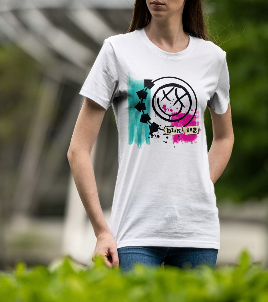 Blink 182 I Miss You Smiley Logo With Pink And Teal Paint Splatter T-Shirt