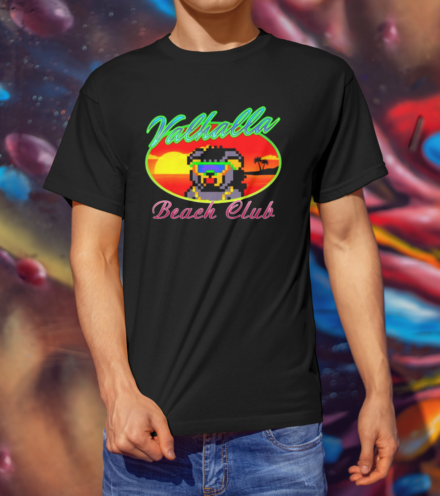 Valhalla Beach Club 80s Retro Pixel Sunset And Palm Trees T-Shirt