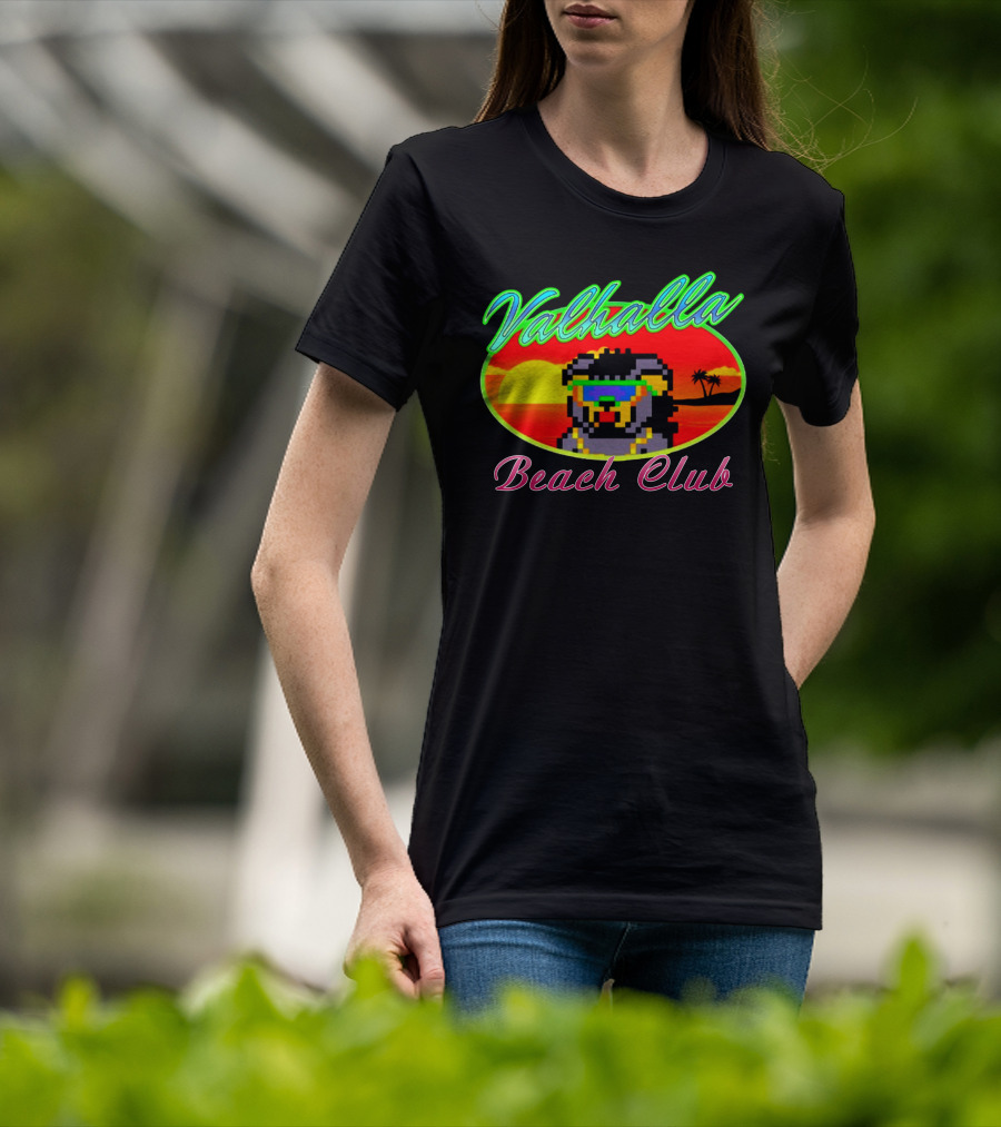 Valhalla Beach Club 80s Retro Pixel Sunset And Palm Trees T-Shirt