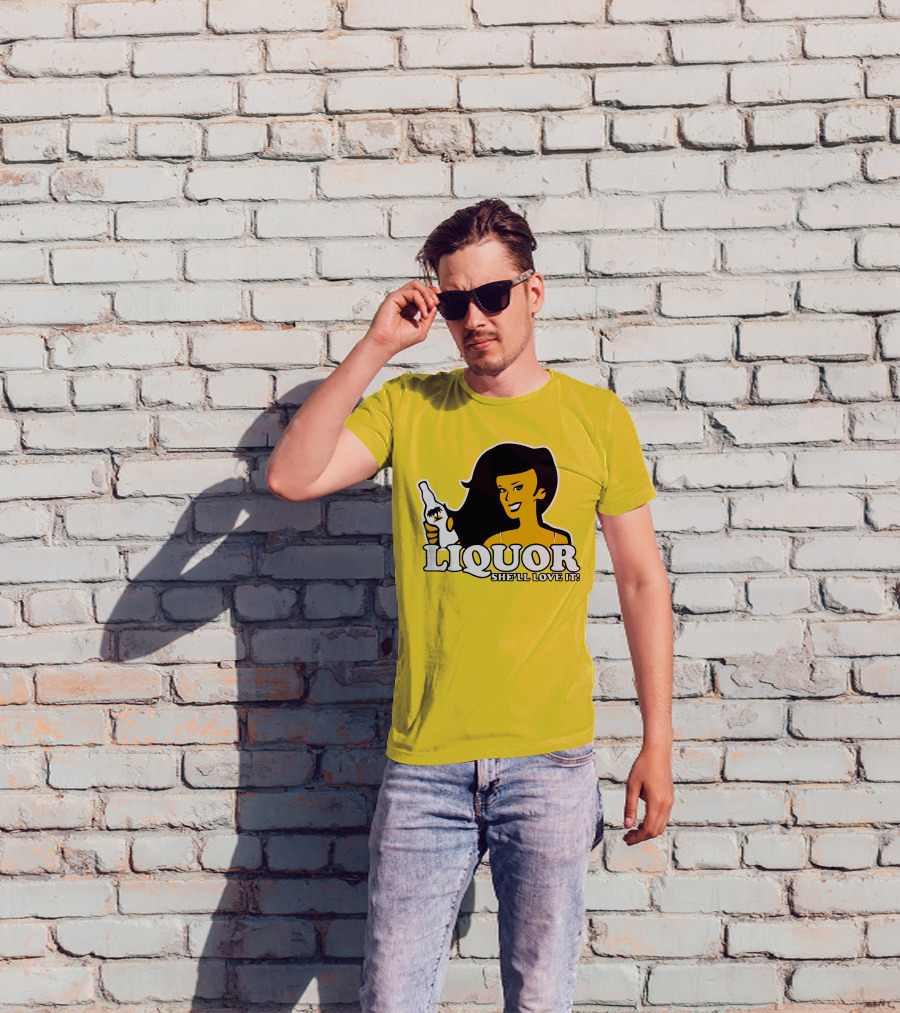 Liquor She'll Love It Retro Pin-Up Style Woman Holding Bottle T-Shirt
