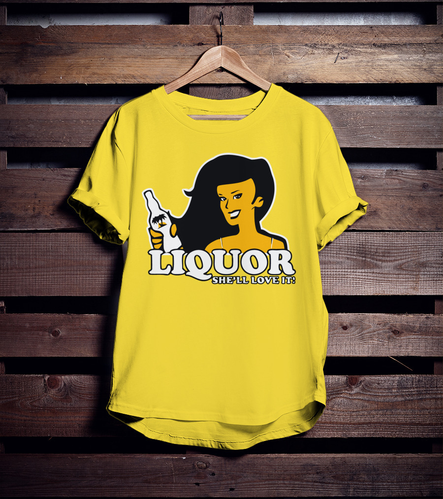 Liquor She'll Love It Retro Pin-Up Style Woman Holding Bottle T-Shirt