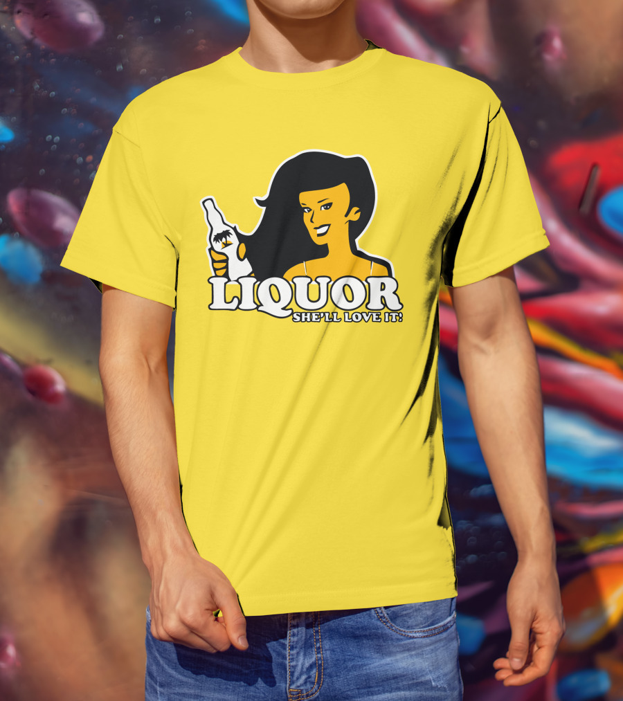 Liquor She'll Love It Retro Pin-Up Style Woman Holding Bottle T-Shirt