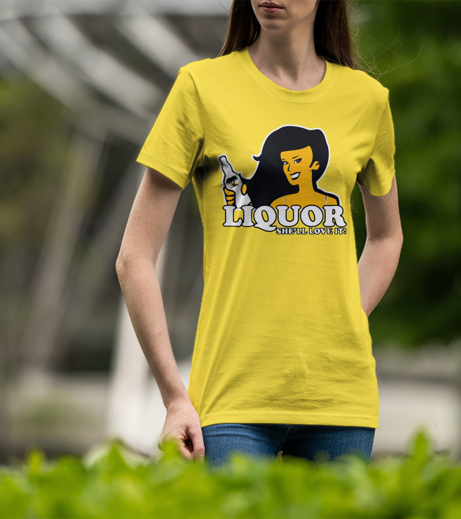 Liquor She'll Love It Retro Pin-Up Style Woman Holding Bottle T-Shirt