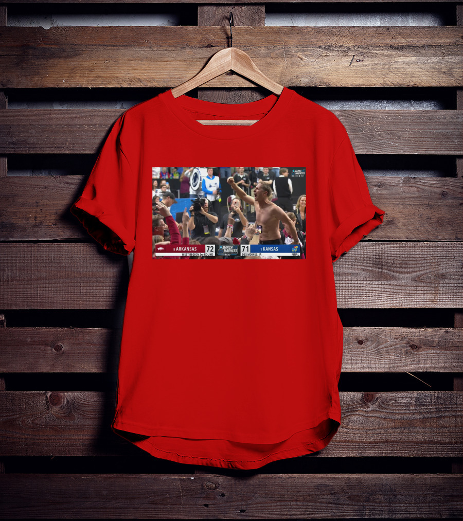 Eric Musselman Celebrates Arkansas 72-71 Victory Over Kansas In March Madness T-Shirt
