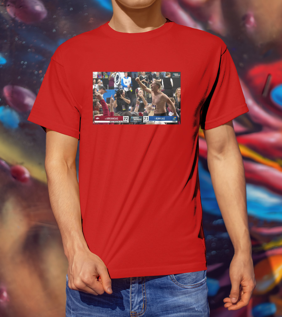 Eric Musselman Celebrates Arkansas 72-71 Victory Over Kansas In March Madness T-Shirt