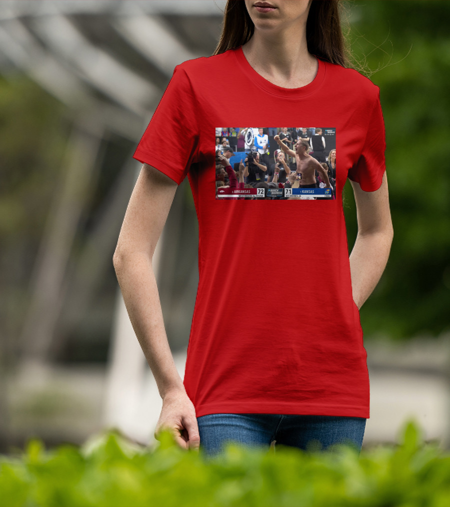 Eric Musselman Celebrates Arkansas 72-71 Victory Over Kansas In March Madness T-Shirt