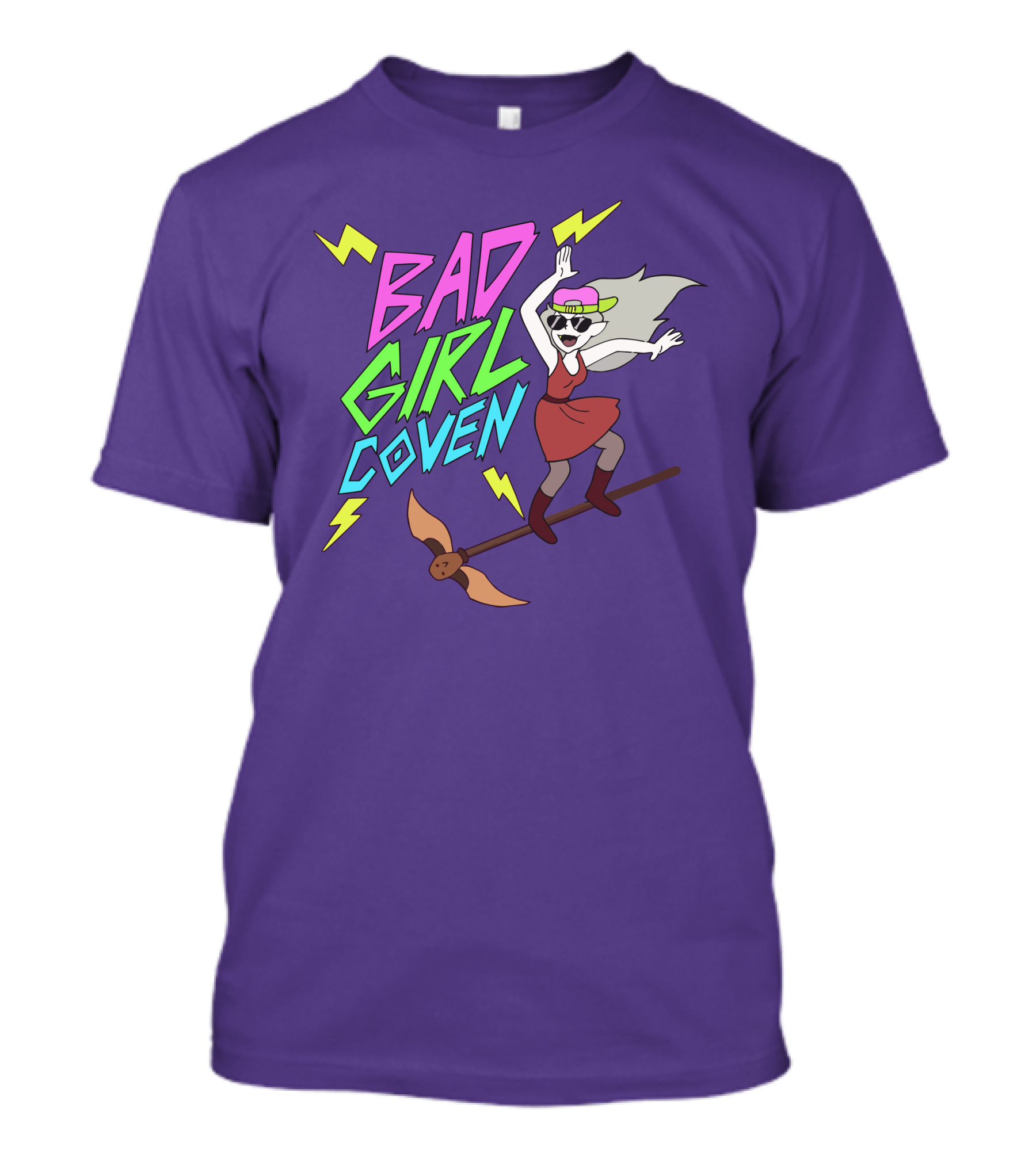 Bad Girl Coven Witch On Broomstick With Lightning Bolts T-Shirt