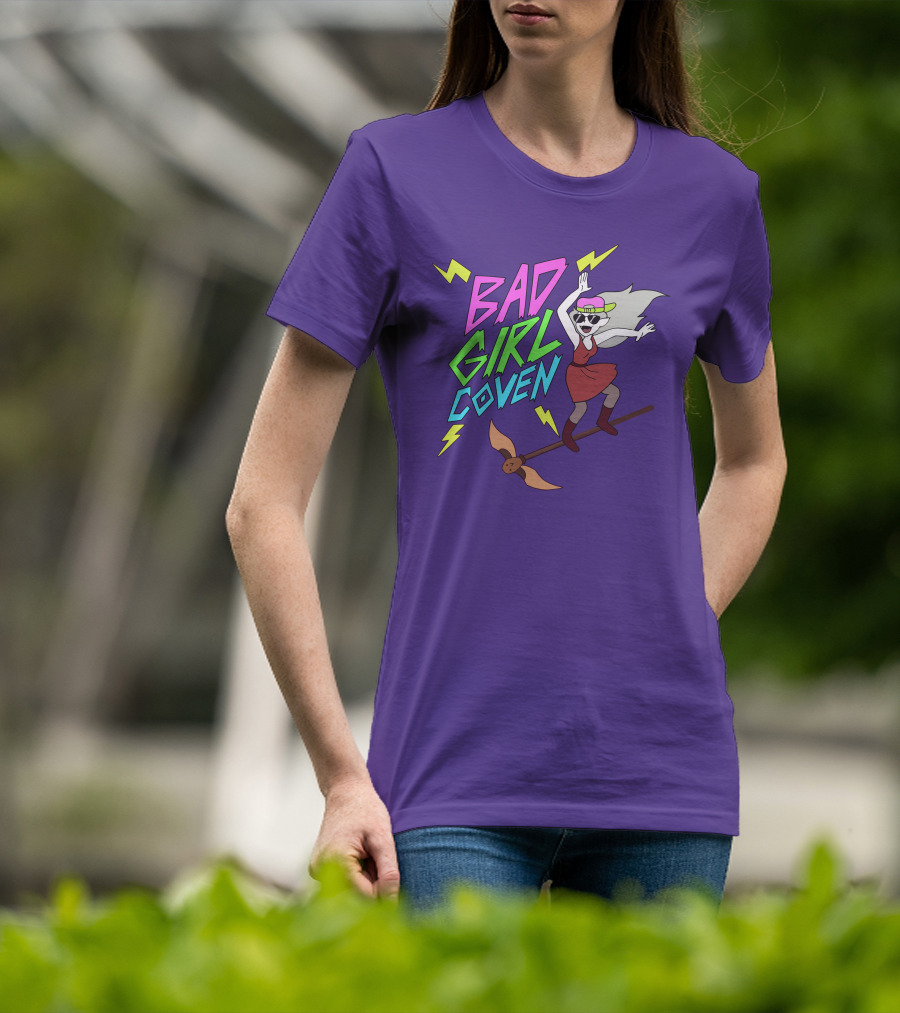 Bad Girl Coven Witch On Broomstick With Lightning Bolts T-Shirt