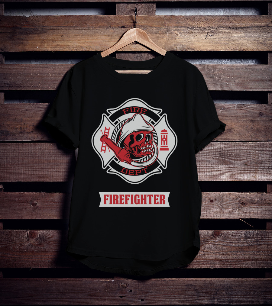 Firefighter Skull Fire Dept Maltese Cross T-Shirt