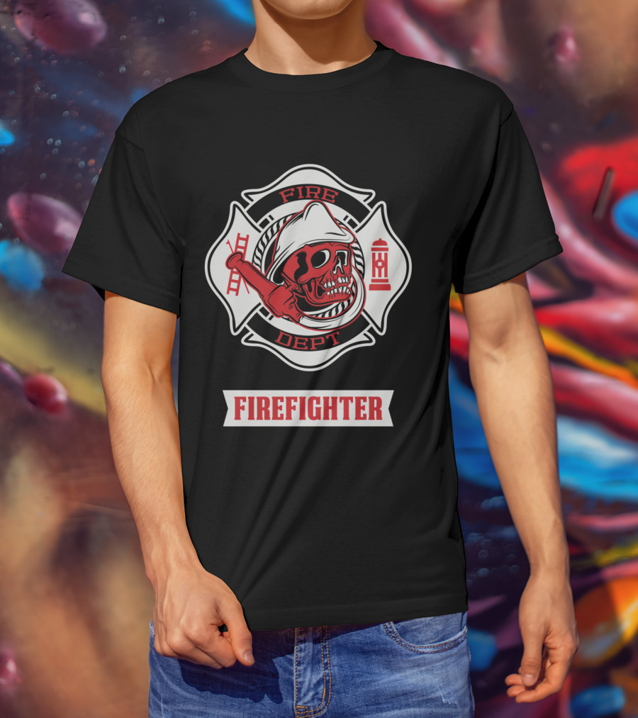 Firefighter Skull Fire Dept Maltese Cross T-Shirt